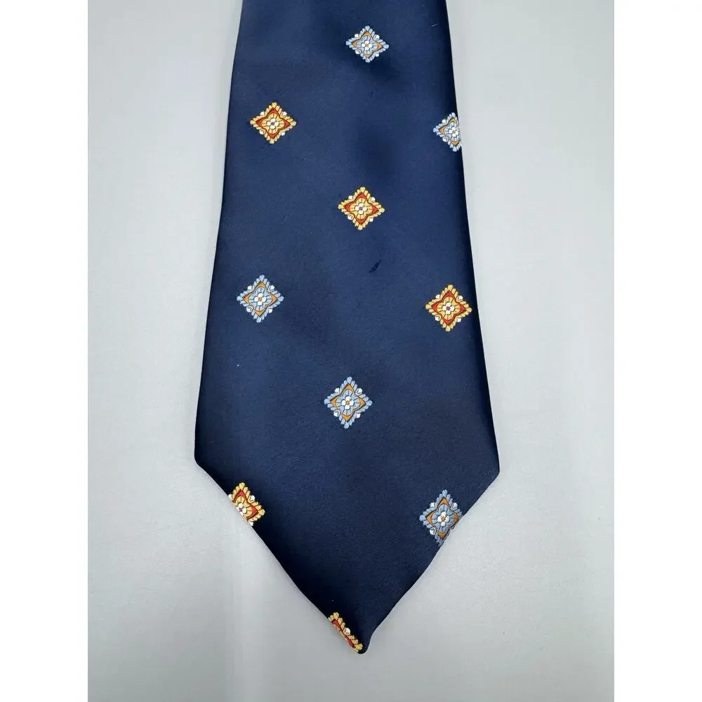 Vintage Johnny Carson Necktie Blue W/‎ Floral Geometric Designs 54” Total Length